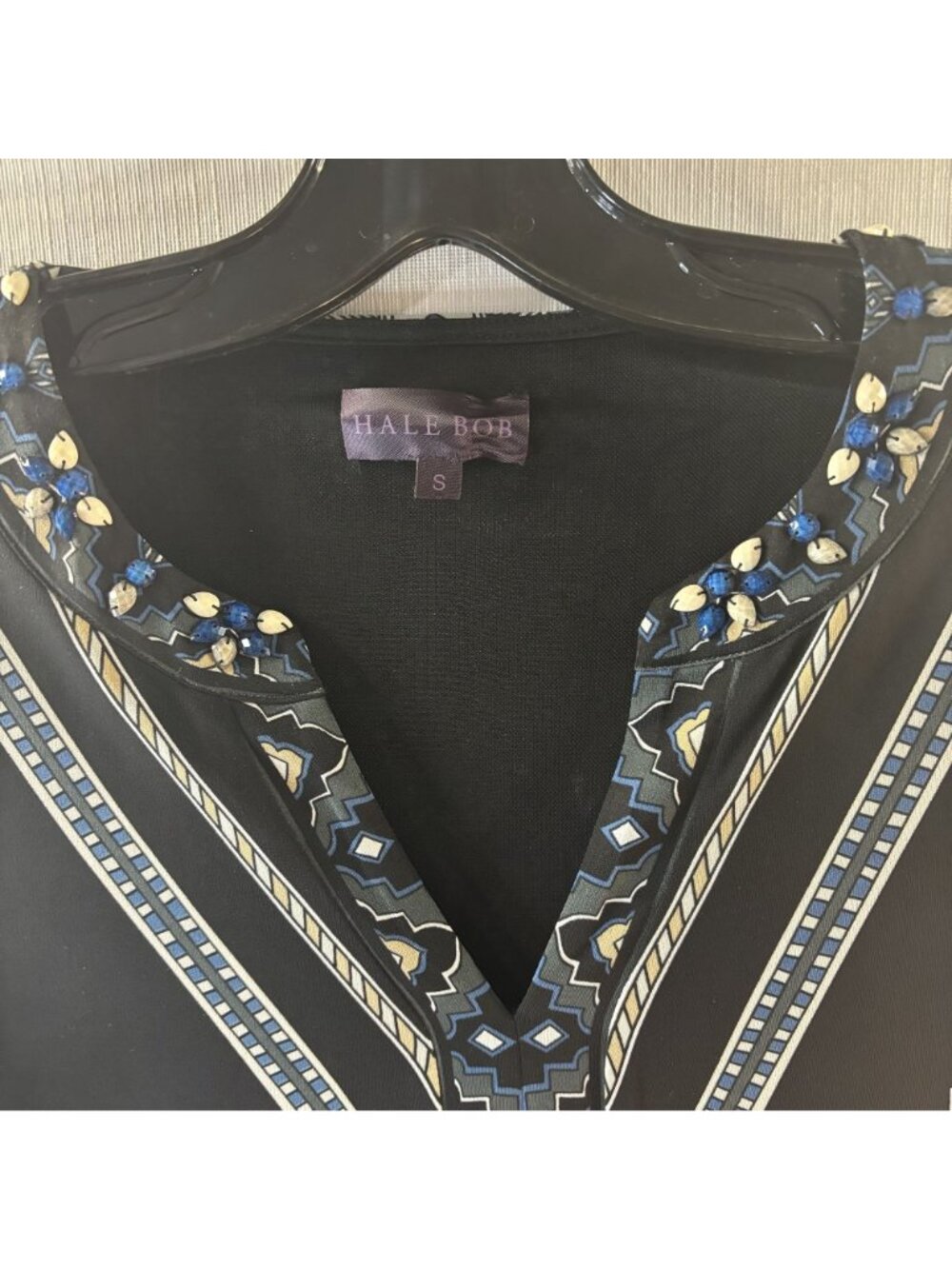 Hale Bob S Beaded Geometric Print Long Sleeve V-Neck Black Tunic Dress - Picture 3 of 6